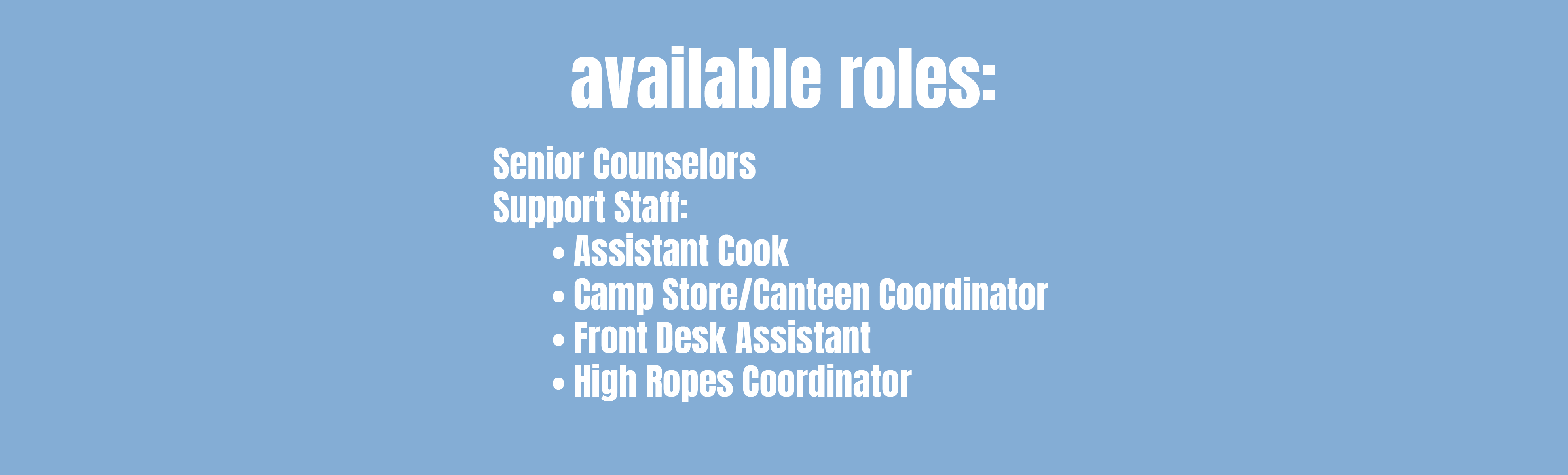 Available Roles: Senior Counselors; Support Staff: Assistant COok, Camp Store/Canteen Coordinator, Front Desk Assistant, High Ropes Coordinator